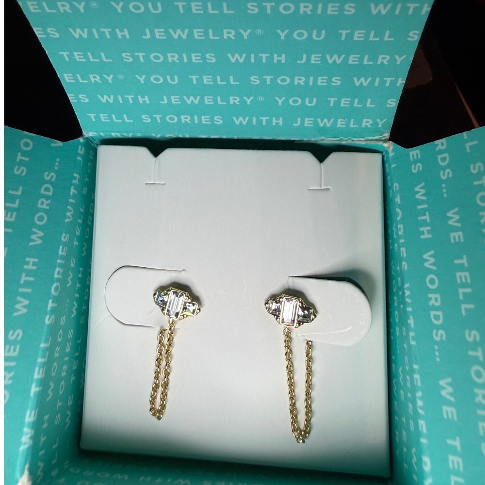 Origami Owl Gold Dainty Baguette Stud and Chain Earrings Swarovski Crystal